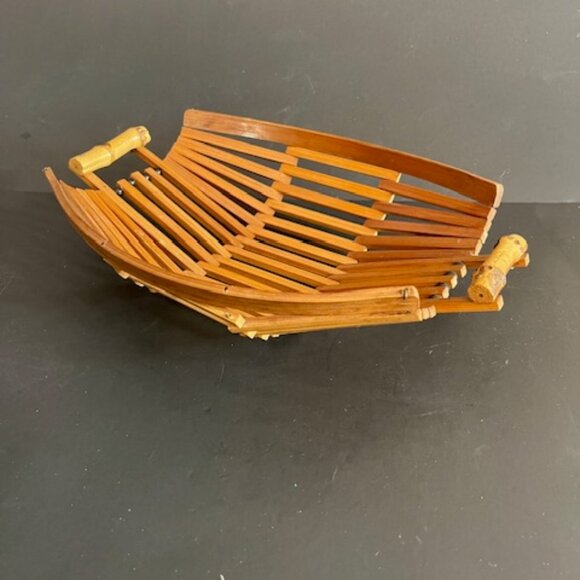 Set of  2 Vintage Mid-Century Bamboo Teak Folding Fruit Bowls w/ Handle, 1950s - Picture 8 of 9